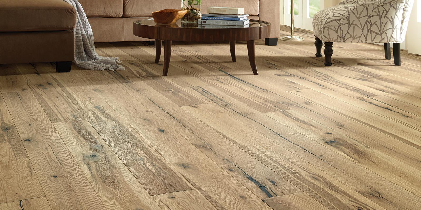 Tan hardwood floors in a living room